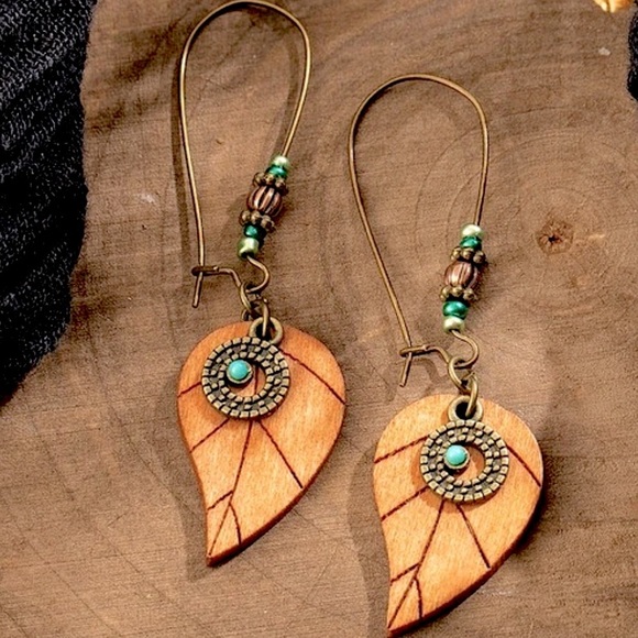n/a Jewelry - Boho Tribal Wooden Leaf Beaded Drop Earrings